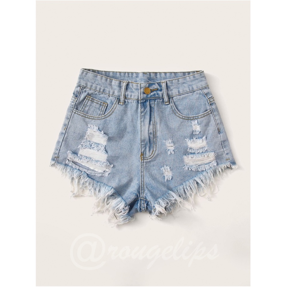 Light Wash Blue Denim Shorts Distressed Ripped High Waist Raw Hem - Picture 11 of 15